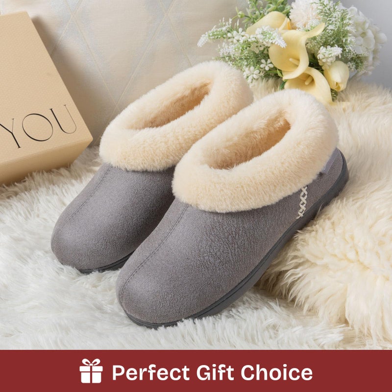 EverFoams Women's Microsuede Cozy Memory Foam Winter Slippers with Fuzzy Faux Fur Collar and Indoor Outdoor Rubber Sole (Gray, Size 11-12 M US) - Image 3